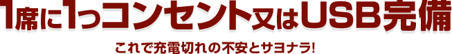 1席に1つコンセント又はＵＳＢ完備 これで充電切れの不安とサヨナラ!